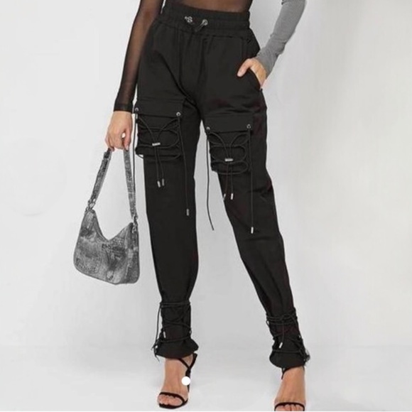 Maniere de Voir Cargo Jogger Black Pants With Bungee Cord Size UK 10 US 6 - Picture 1 of 10